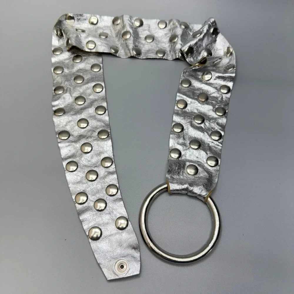 VTG Wide Silver Tone Leather Studded Snap Belt 39